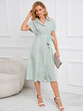 LAPEL V-NECK STRIPED DRESS WITH BELT