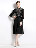 EMBROIDERED PERSPECTIVE BUBBLE SLEEVE BELT DRESS