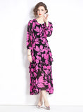 RETRO PRINTED CHIFFON SLIM RUFFLED DRESS