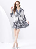 STAND-UP COLLAR LANTERN SLEEVE PRINTED SHORT MINI DRESS