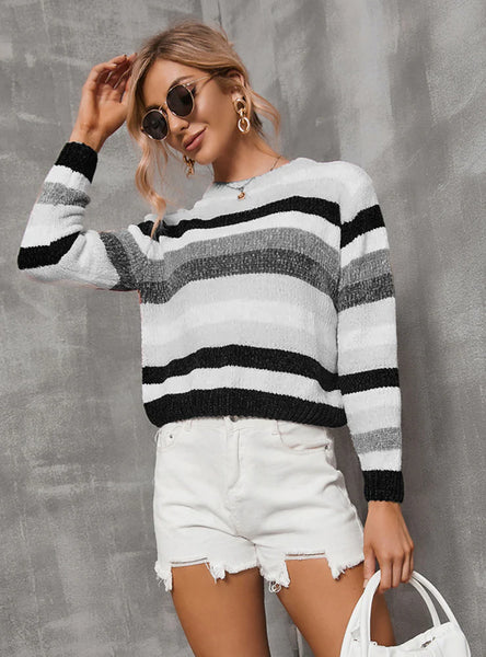 FASHION WOMEN STRIPED STITCHING SWEATER