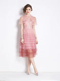 EMBROIDERED HIGH WAIST SLIM LACE DRESS