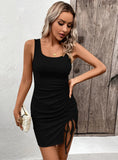 SPLIT SLEEVELESS SQUARE COLLAR SEXY DRESS