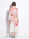 RETRO STAND-UP COLLAR PRINTED SLIM LONG-SLEEVED DRESS