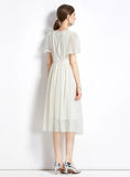 MESH ROUND NECK SHORT SLEEVE EMBROIDERY DRESS