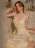 FASHION SATIN STITCHING CHIFFON SUSPENDER LONG NIGHTDRESS