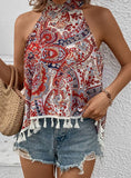 SLEEVELESS TASSEL PRINT HALTER TOP