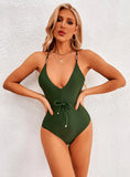 SOLID COLOR V-NECK SLING SEXY ONE-PIECE SWIMSUIT