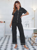 FASHION PLAID TOP SHORT SLEEVE TROUSERS PAJAMAS SUIT