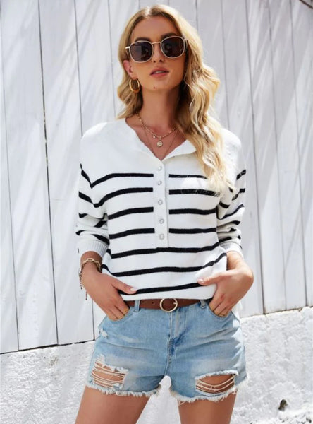 CLASSY BLACK AND WHITE STRIPED BUTTON SWEATER