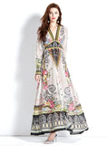 RETRO DEEP V-NECK LANTERN SLEEVE PRINTED DRESS