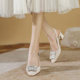 SQUARE-HEADED THICK HEELS CRYSTAL SHOES