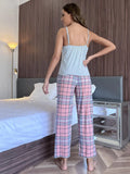FASHION SUMMER SUSPENDER PLAID PAJAMAS TWO-PIECE SUIT
