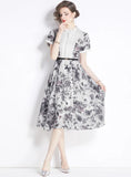 RETRO PRINTING SHORT SLEEVE DYEING DRESS