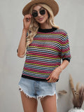 FASHION SPLICED HOLLOW LOOSE ROUND NECK STRIPED SWEATER