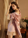 FASHION LONG SLEEVE SATIN LACE NIGHTGOWN