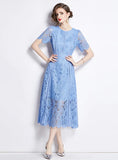 RETRO ROUND NECK LOTUS LEAF SLEEVE LACE DRESS