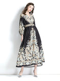 RETRO PALACE STYLE V-NECK LANTERN SLEEVE PRINTED DRESS