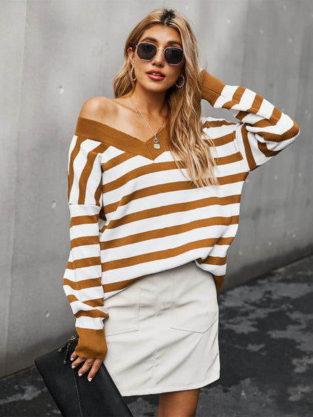 CLASSY V-NECK STRIPED WARM SWEATER