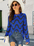 FASHION LOOSE ROUND NECK WAVY JACQUARD CONTRAST SWEATER