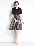RETRO STITCHING FAKE JACQUARD V-NECK SHORT-SLEEVED DRESS