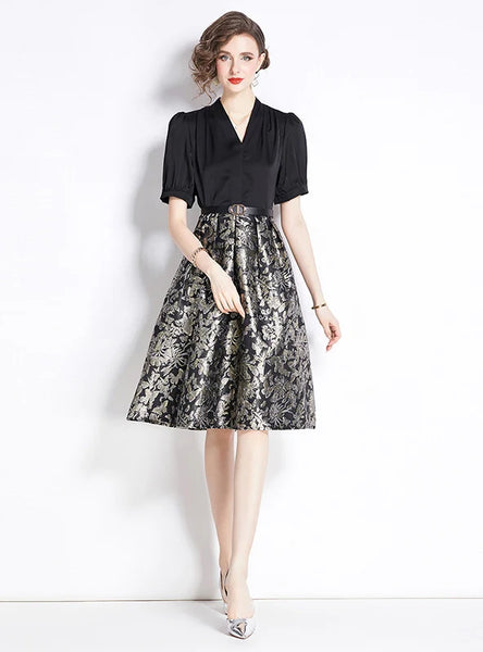 RETRO STITCHING FAKE JACQUARD V-NECK SHORT-SLEEVED DRESS