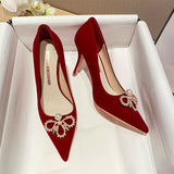 RED HIGH HEELS PEARLS WEDDING SHOES