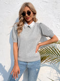 FASHION PULLOVER SHORT SLEEVE SOLID COLOR LAPEL SWEATER