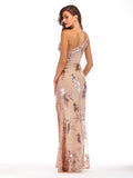 ONE-SHOULDER BACKLESS SLIT SEQUINED DRESS