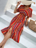 COLOR STRIPED CASUAL V-NECK BUTTON DRESS