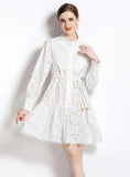 HOLLOW COTTON LACE-UP LONG SLEEVE DRESS