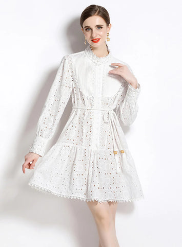 HOLLOW COTTON LACE-UP LONG SLEEVE DRESS