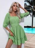 RUFFLED SQUARE COLLAR SHORT SLEEVE DRESS