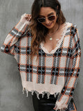 FASHION BROKEN V-NECK LOOSE CHECK JACQUARD SWEATER