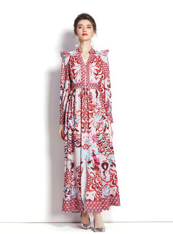 V-NECK RETRO LONG-SLEEVED PRINTED DRESS