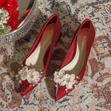SATIN THICK-HEELED POINTED PEARL WEDDING SHOES