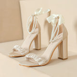 THICK-HEELED PEARL BOW SANDALS