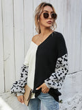 STYLISH LOOSE V-NECK SPLICING LEOPARD PRINT PULLOVER SWEATER
