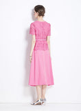 PINK LACE FAKE TWO-PIECE SHORT-SLEEVED DRESS