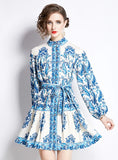RETRO PRINTED LONG SLEEVE STAND-UP SLIM DRESS