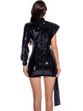 MESH STITCHING SEQUINED HIGH NECK DRESS