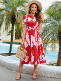 PRINTED BOHEMIAN SHORT-SLEEVED RUFFLED DRESS