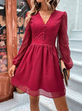 HOLLOW LONG SLEEVE V-NECK DRESS
