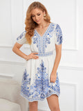 V-NECK SHORT SLEEVE PRINT DRESS