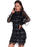 SEXY MESH LONG SLEEVE SEQUINED DRESS