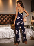 FASHION LADIES SUSPENDER MESH V-NECK PRINTED PAJAMAS SET