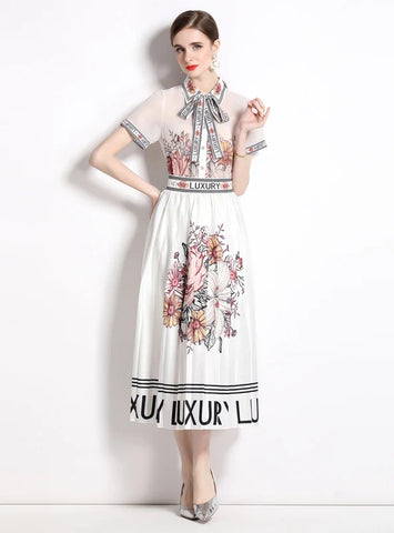 PRINTED LAPEL SHIRT+PLEATED SKIRT TWO-PIECE SUIT
