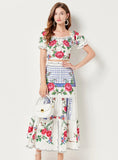 ROSE PRINT TOP+SPLICING SKIRT TWO-PIECE SUIT