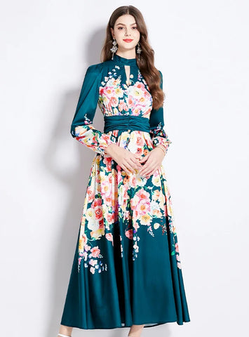 RETRO PALACE V-NECK LONG SLEEVE DRESS
