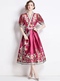 VINTAGE PALACE STYLE PRINTED V-NECK BIG SWING DRESS